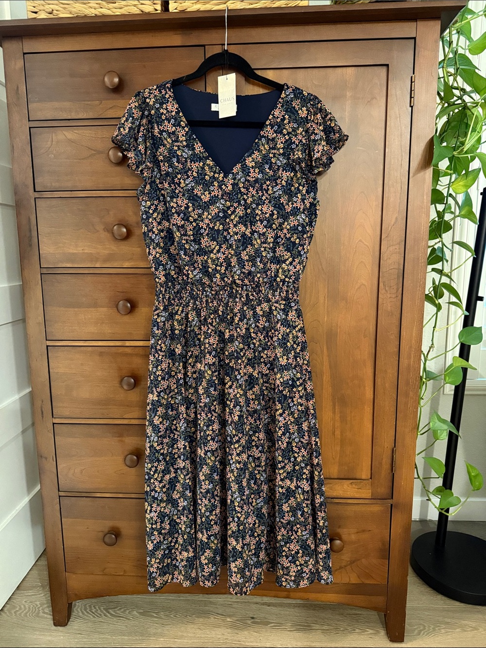 Chaus Navy Floral V-Neck Midi Dress